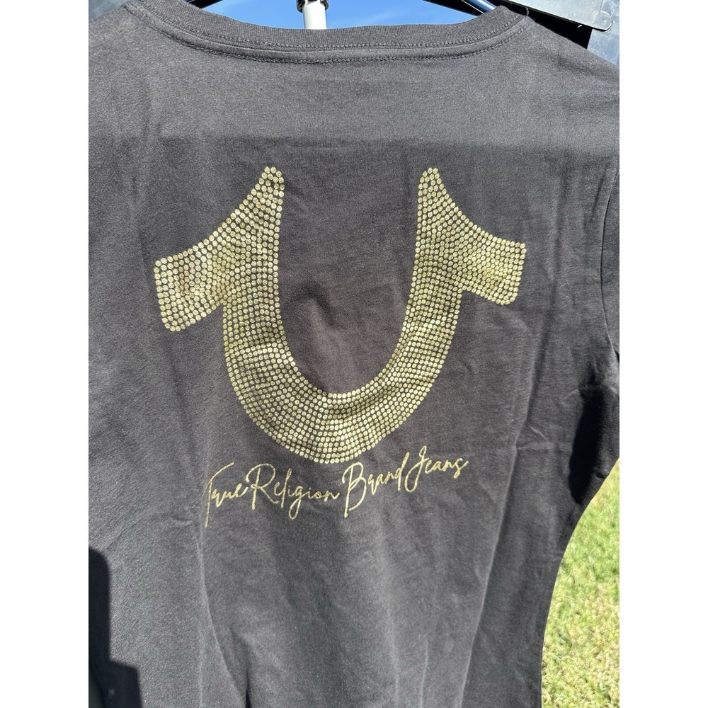 NWT True Religion T Shirt CRYSTAL HORSESHOE V NECK TEE Size L‎ Large Color Black